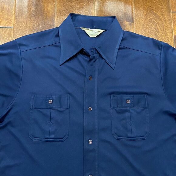 Unbranded Vintage 70s Casual Button Front Navy Polyester Shirt Men's Size Large - Picture 2 of 8